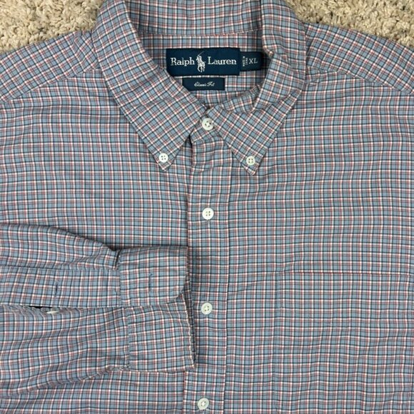 Ralph Lauren Classic Fit Shirt XL Orange Blue Checked Long Sleeve Button Up - Picture 1 of 7